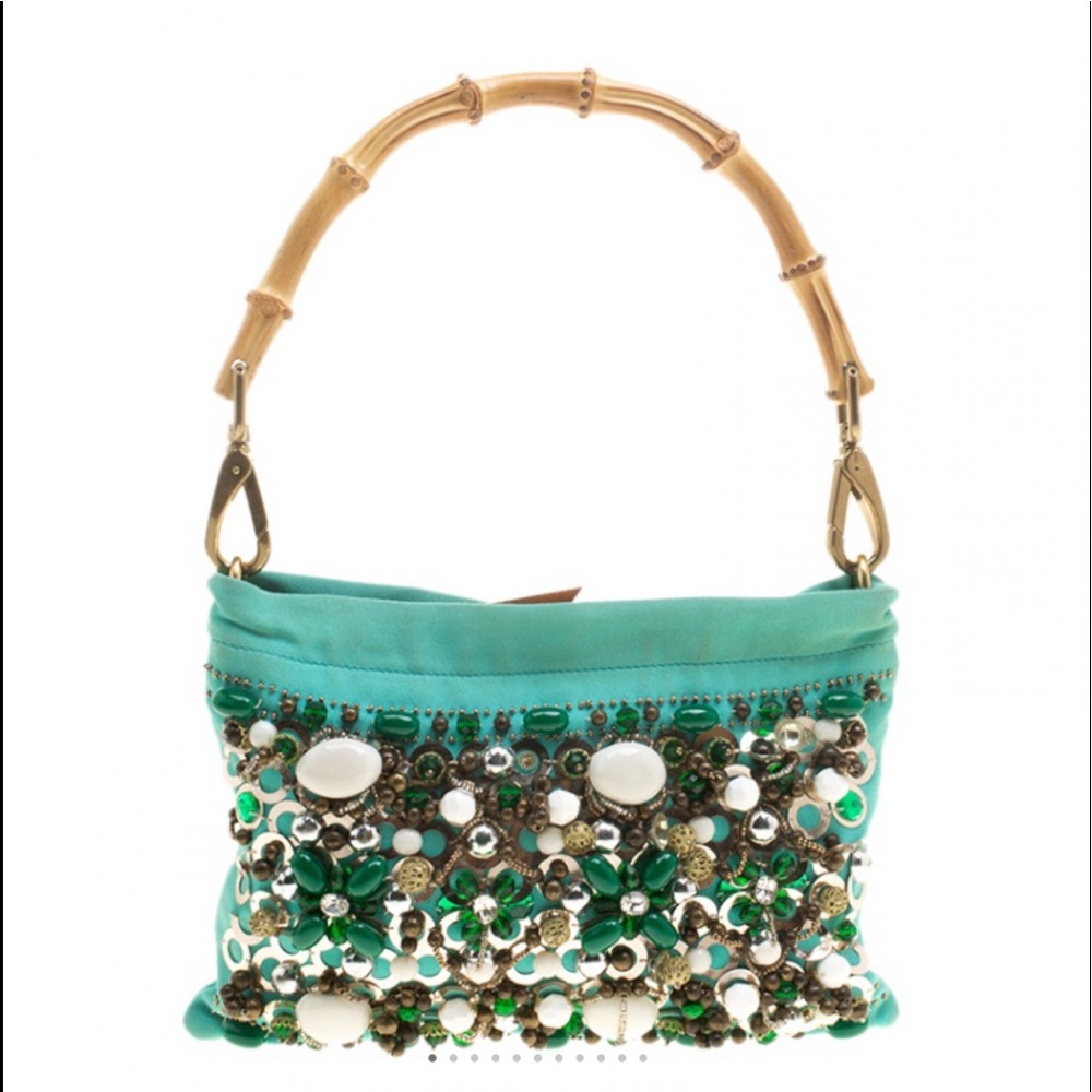 Miu Miu Bead & Sequin Bamboo Handle Turquoise Bag - image 3